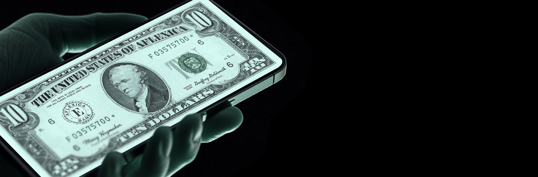 The FlexBoss ten dollar note on a phone screen, held in one hand